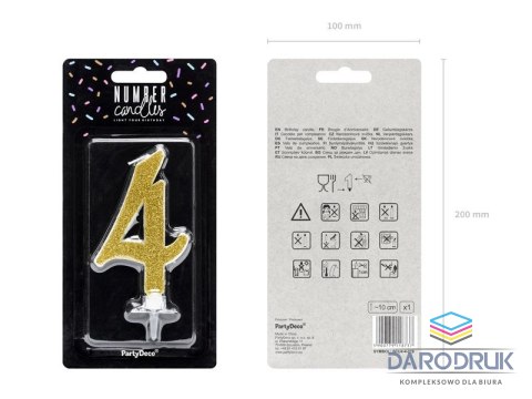 Partydeco Świeczka urodzinowa Cyferka 4, złoty, 10cm Partydeco (SCU4-4-019)