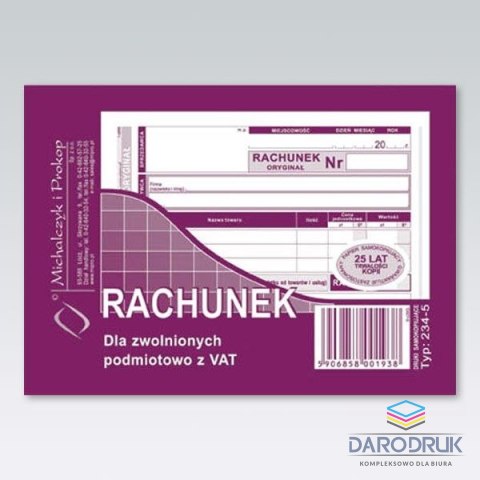 Michalczyk i Prokop Druk offsetowy A6 Rachunek uproszczony dla zwolnionych z VAT A6 80k. Michalczyk i Prokop (234-5)
