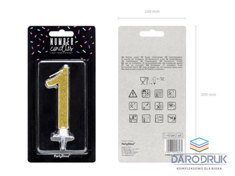 Partydeco Świeczka urodzinowa Cyferka 1, złoty, 10cm Partydeco (SCU4-1-019)