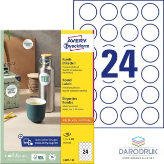 Zweckform Etykieta samoprzylepna A4 okrągła L3415-100 Avery Zweckform okrągła 40mm 2400 etykiet biała [mm:] 210x297 Zweckform