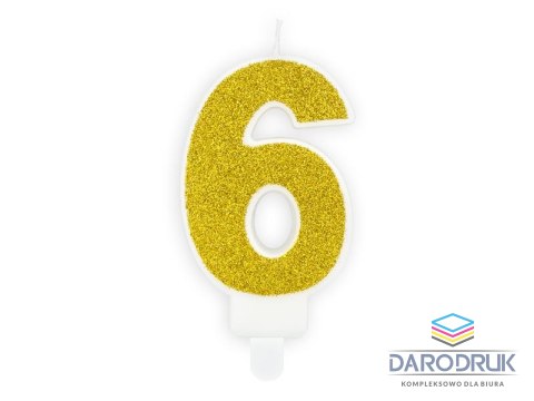 Partydeco Świeczka urodzinowa cyferka 6 złoty brokat 7cm Partydeco (SCU3-6-019B)