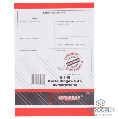 Stolgraf Druk offsetowy A5 karta drogowa numer. A5 nowa 100k. Stolgraf (K148)