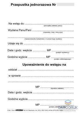 Stolgraf Druk samokopiujący A6 przepustka wstępu jednorazowa 100k. Stolgraf (K96)